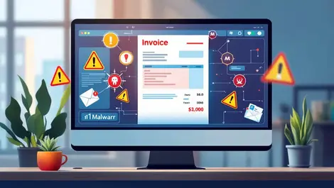 Realistic invoice with hidden malware warnings on computer screen in german office