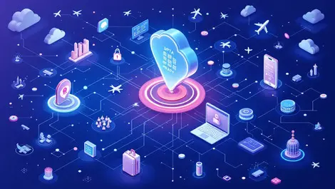 Interconnected nodes data flows computers smartphones travel icons australia privacy integration