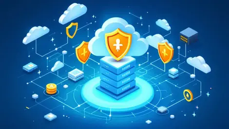 Secure data center illustration with shield icons servers clouds cyber attack protection