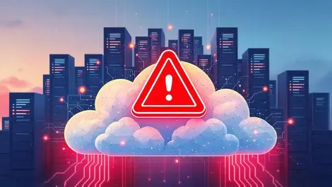 Illustration large cloud servers red warning symbol digital network breach