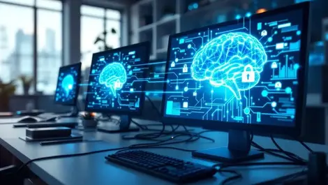 Modern office computer screens networked digital brains ai agents security cables locks