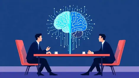 Business leaders sitting apart with ai brain connecting misalignment in strategy