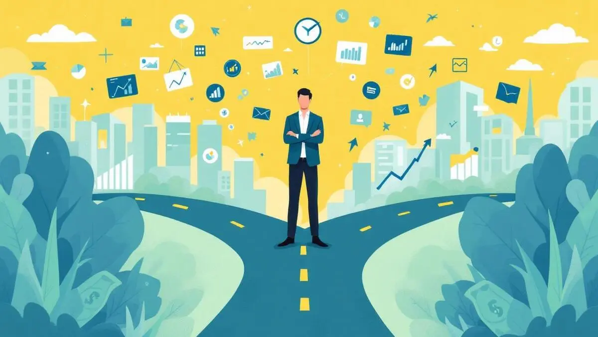 Businessperson crossroads digital marketing icons graphs dollar bills measuring investments