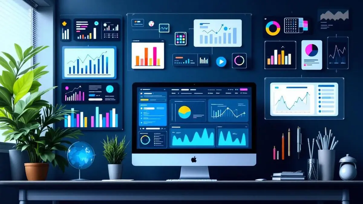 Digital marketing workspace monitors graphs charts collaboration data driven