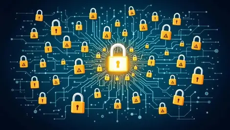 Conceptual network digital locks open warning symbols central security breach