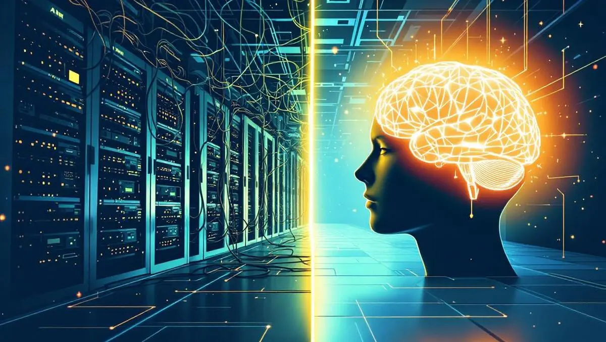 Server room tangled wires old hardware vs glowing ai brain integration challenge