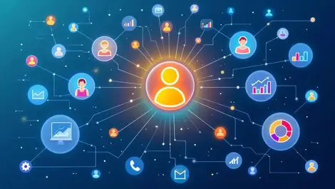 Network connected profile icons flowing data streams real time historical integration