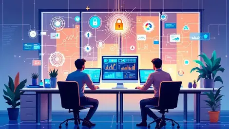 Business professionals analyzing data secure digital network ai symbols