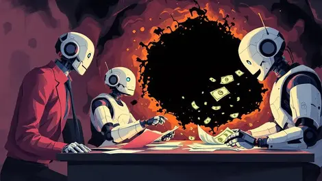 Businesspeople concerned malfunctioning robots losing money ai errors