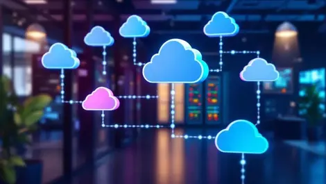 Interconnected cloud symbols linked to server racks multiple cloud platforms modern tech workspace