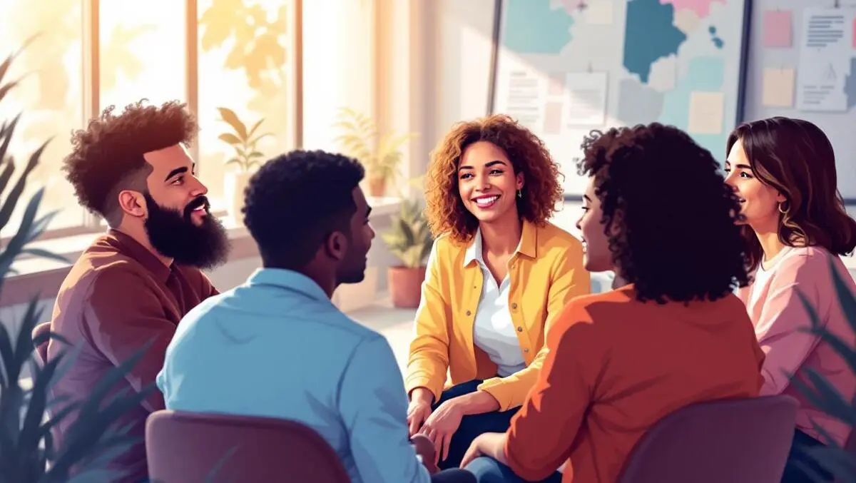Group of colleagues in office circle listening empathy understanding