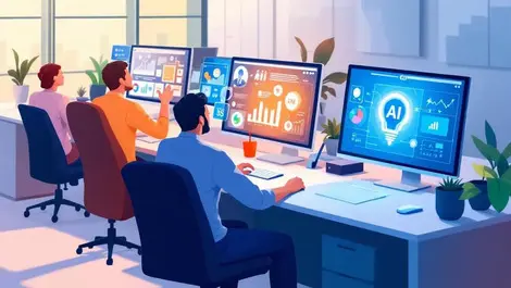 Office employees working with ai tools on computers showing charts