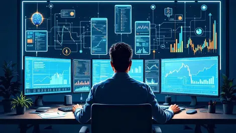 Professional asset manager analyzing financial data multiple screens ai graphs modern office