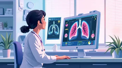 Doctor analyzing lung scan on computer digital lung imagery modern us hospital