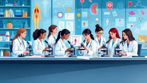 Ten female scientists working with microscopes medical charts laboratory women health research cancer background