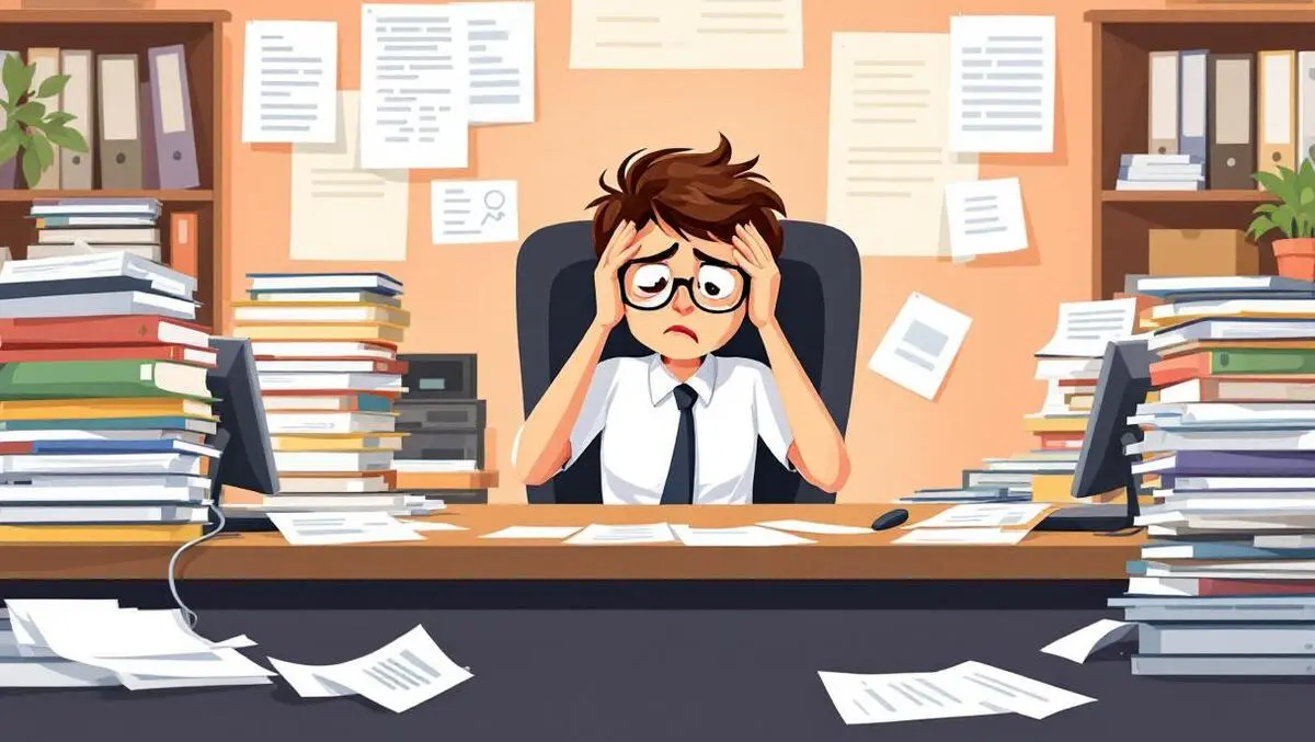 Overwhelmed office worker cluttered desk mismatched files paperwork stress