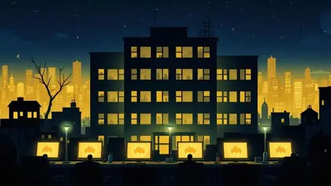 Darkened office building night australia new zealand cyber attack symbol