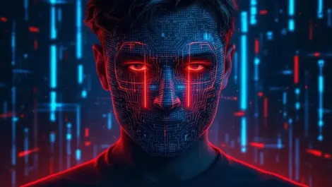 Realistic illustration person wearing mask made by computer screen identity theft threat ai deepfakes