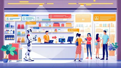 Retail store ai robot assisting human cashier chatbots digital integration