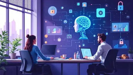 Uk office business professionals ai robotic brain security budget icons