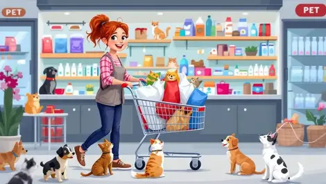 Cheerful british pet owner with shopping cart pet food supplies cats dogs store