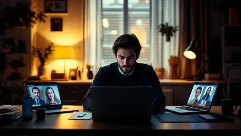 Business pro at home with phones laptop deepfake scam warning