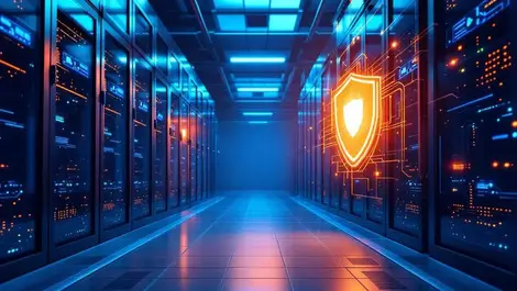 Modern ai datacenter server racks glowing accelerator firewall shield