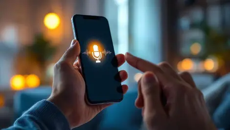 Indian user speaking to smartphone voice assistant app ui
