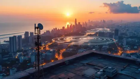 5g rooftop antenna over visakhapatnam sunset fixed wireless