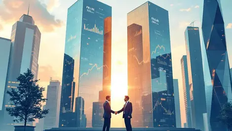 Modern nyc glass towers merging financial charts business handshake