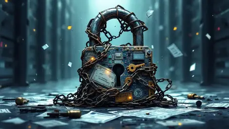 Tangled rusty circuit padlock over cloud servers outdated security