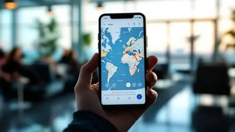 Traveler holding smartphone world map airport lounge daylight
