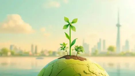 Green pinwheel globe london skyline climate tech biodiversity