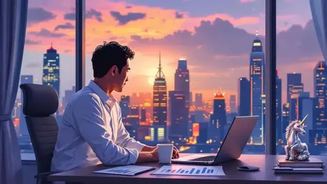 Asian entrepreneur singapore office dusk city skyline unicorn