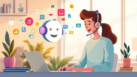 Small business marketer talking to friendly ai with media icons to content