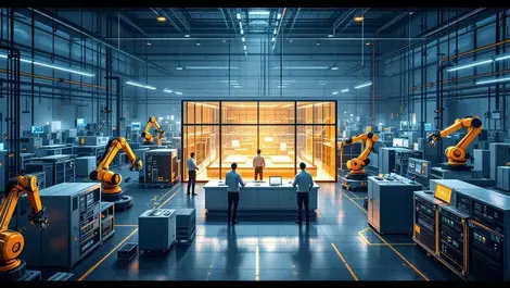 German factory iot robots control room 5g edge servers scene