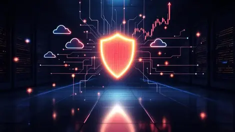 Glowing shield firewall dark server room clouds candles growth