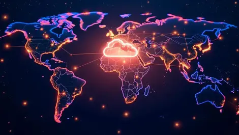 Global night world map cloud connections business software growth