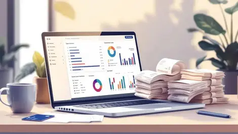 Isometric us office desk ai expense management finance dashboard