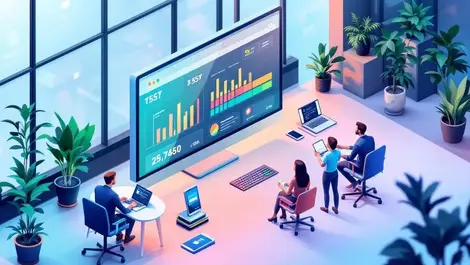 Isometric fintech team testing synchronized banking apps stage match