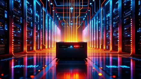 Cinematic modern ai data center racks glowing fibers laser core