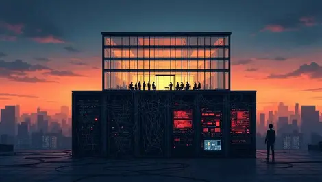 Office dusk executives over chaotic server room cyber defense