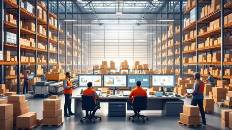 Realistic warehouse automation conveyor shelves control desk staff