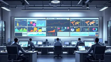 Modern industrial control room engineers monitors data graphs