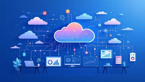 Editorial interlocking cloud database network over analytics dashboards