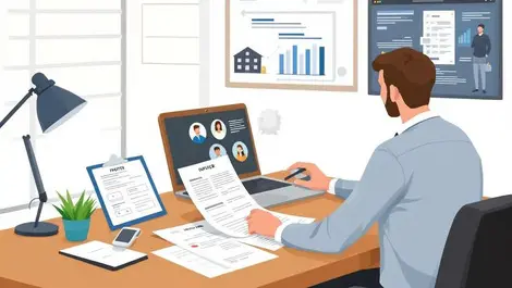 Independent insurance agent office comparing risk folders flat illustration