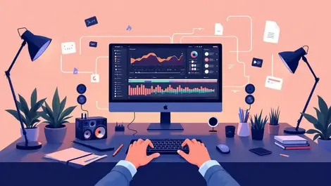 Creative hands design studio workstation music mixer warm digital illustration