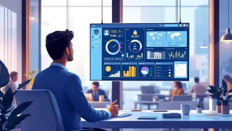 Focused facility manager smart office dashboard modern office dashboard analytics digital illustration